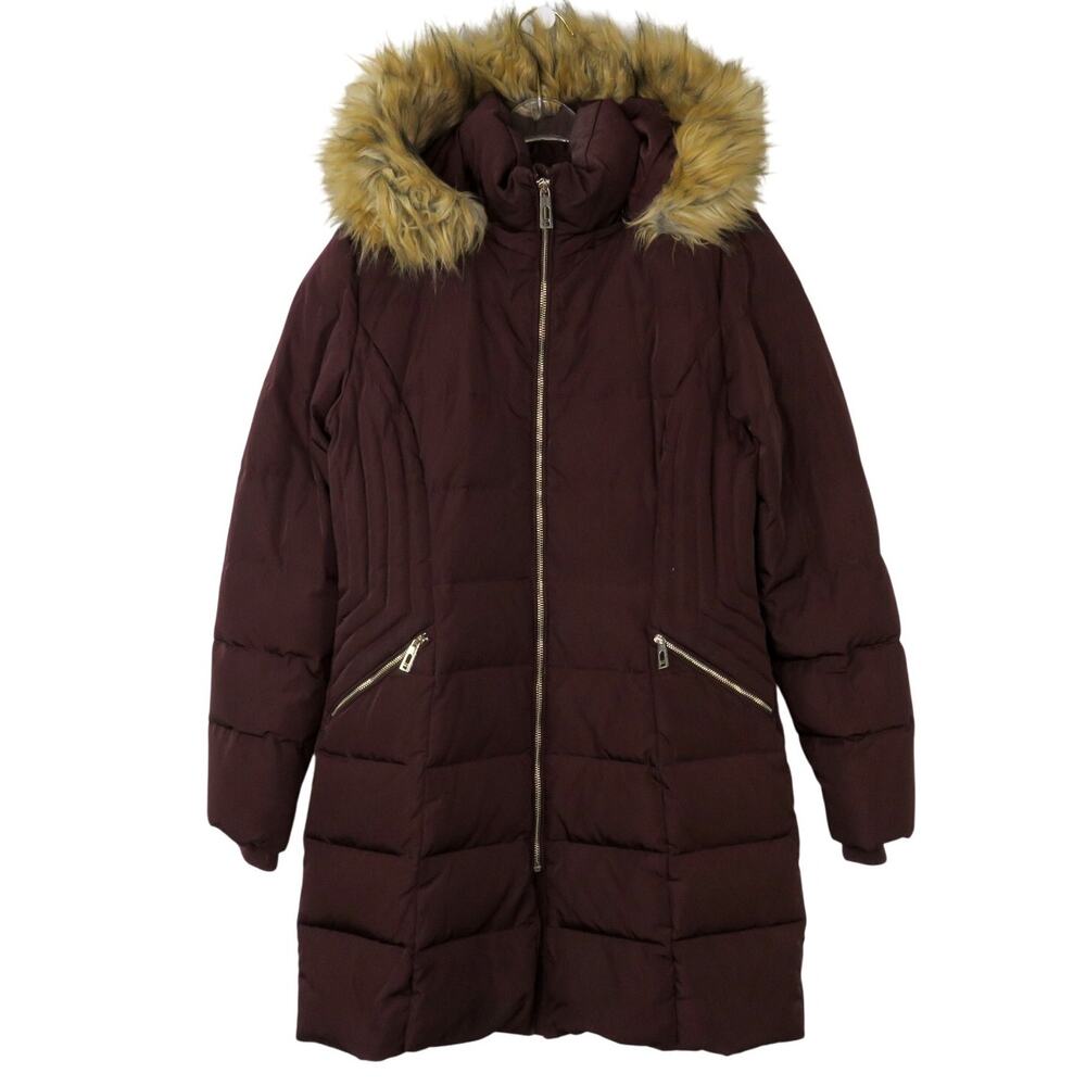 Ivanka Trump Burgundy Puffer Coat Down Hooded Coat Faux Fur Hood Small - Picture 3 of 8